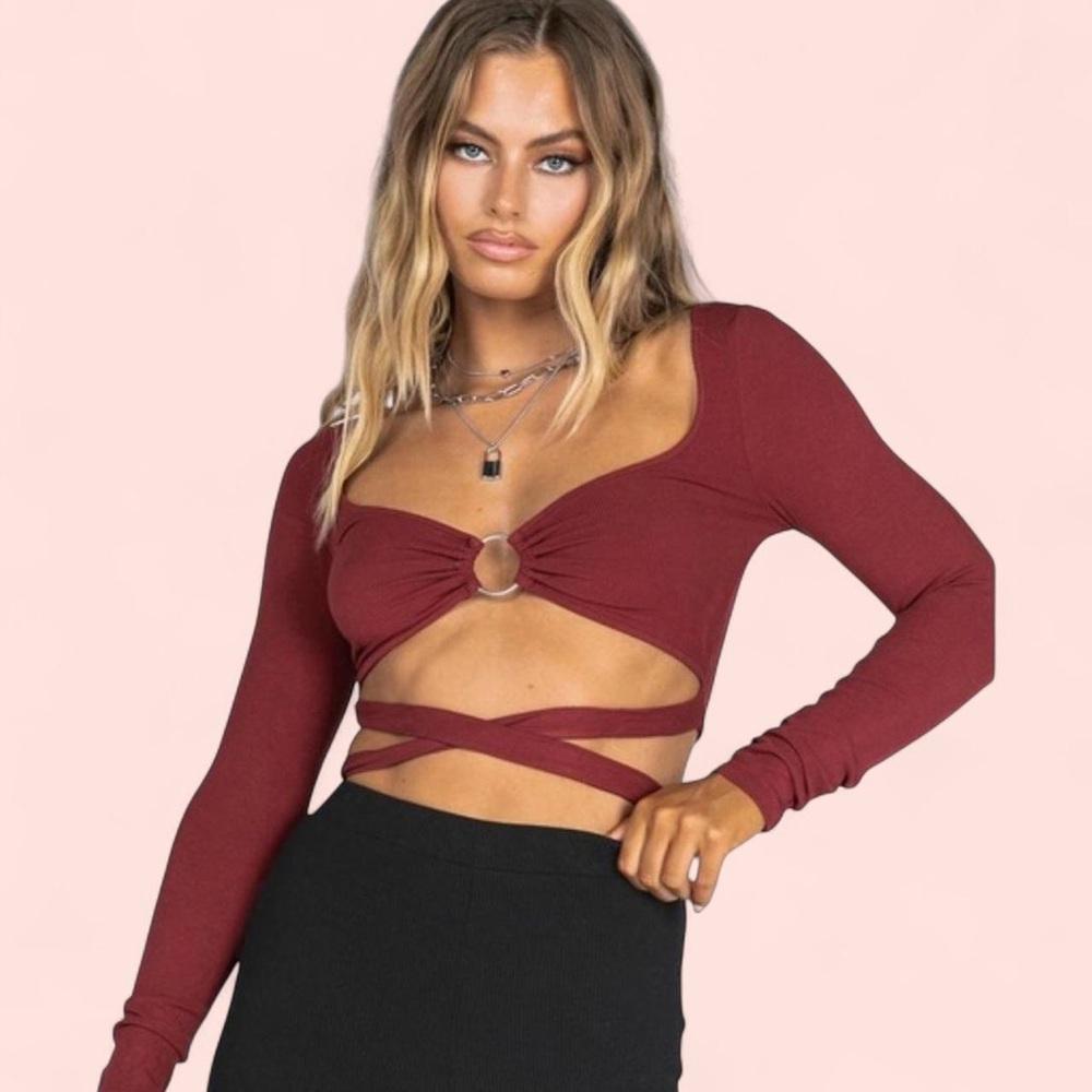 Princess Polly Burgundy Long Sleeve Wrap Crop Top